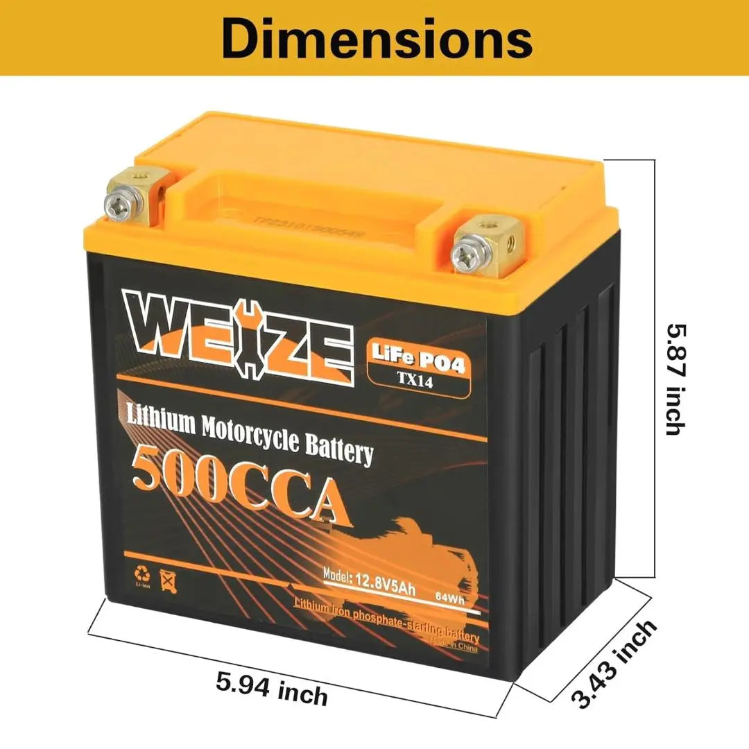 WEIZE 12V 5AH Lithium Group 14, 500CCA LiFePO4 Motorcycle Battery