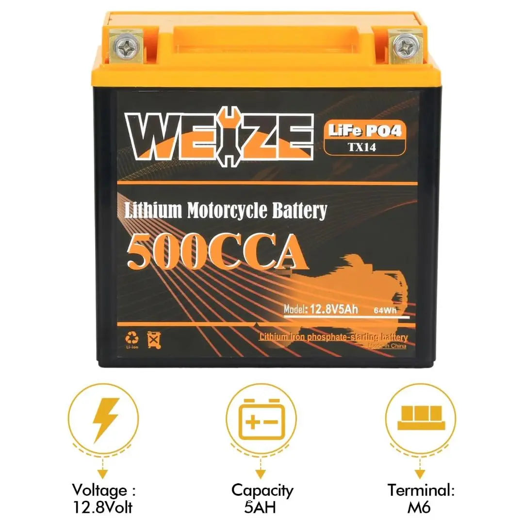 WEIZE 12V 5AH Lithium Group 14, 500CCA LiFePO4 Motorcycle Battery