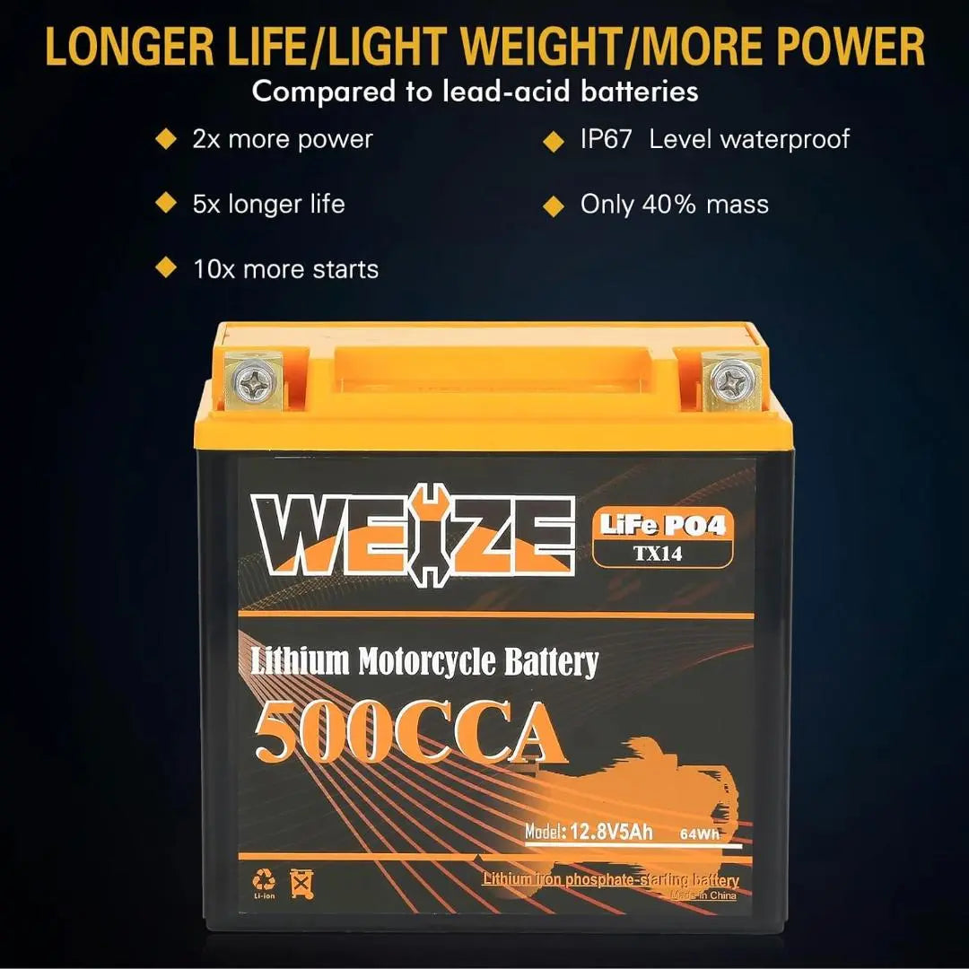 WEIZE 12V 5AH Lithium Group 14, 500CCA LiFePO4 Motorcycle Battery