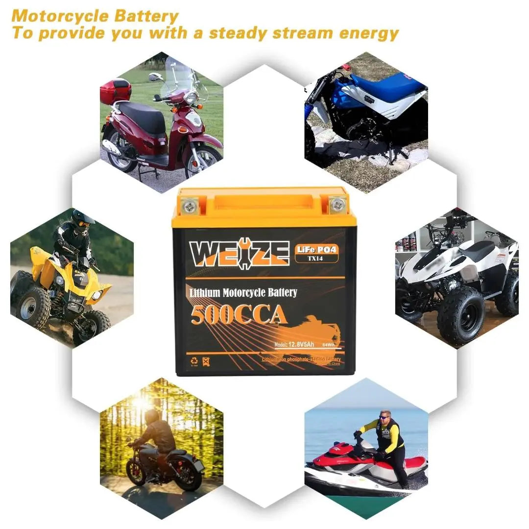 WEIZE 12V 5AH Lithium Group 14, 500CCA LiFePO4 Motorcycle Battery