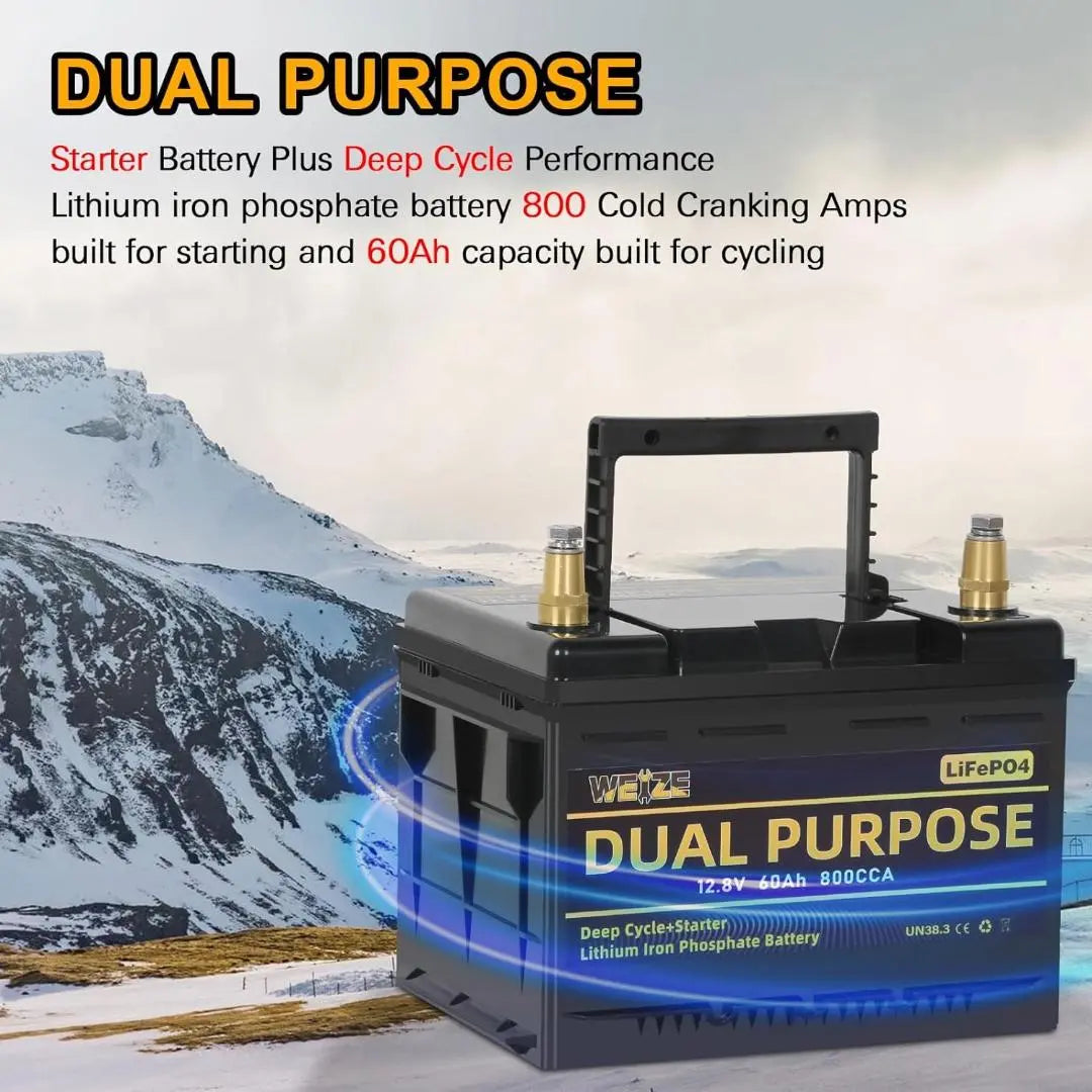 WEIZE 12V 60AH Dual Purpose LiFePO4 Lithium Battery, Starter & Deep Cycle, Marine & RV Battery