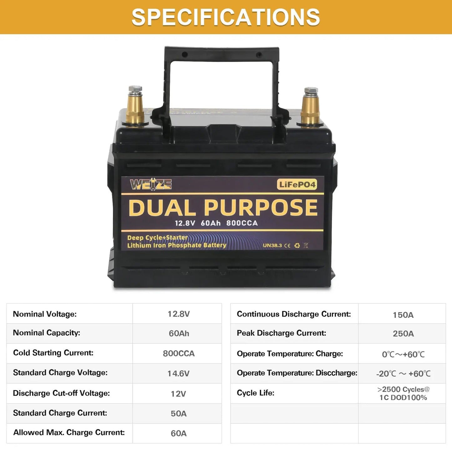 WEIZE 12V 60AH Dual Purpose LiFePO4 Lithium Battery, Starter & Deep Cycle, Marine & RV Battery