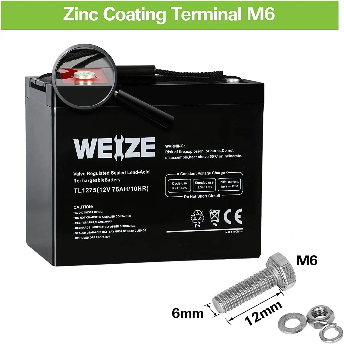 WEIZE 12V 75Ah SLA Deep Cycle AGM Battery