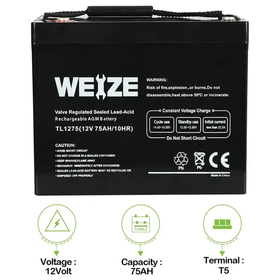 WEIZE 12V 75Ah SLA Deep Cycle AGM Battery