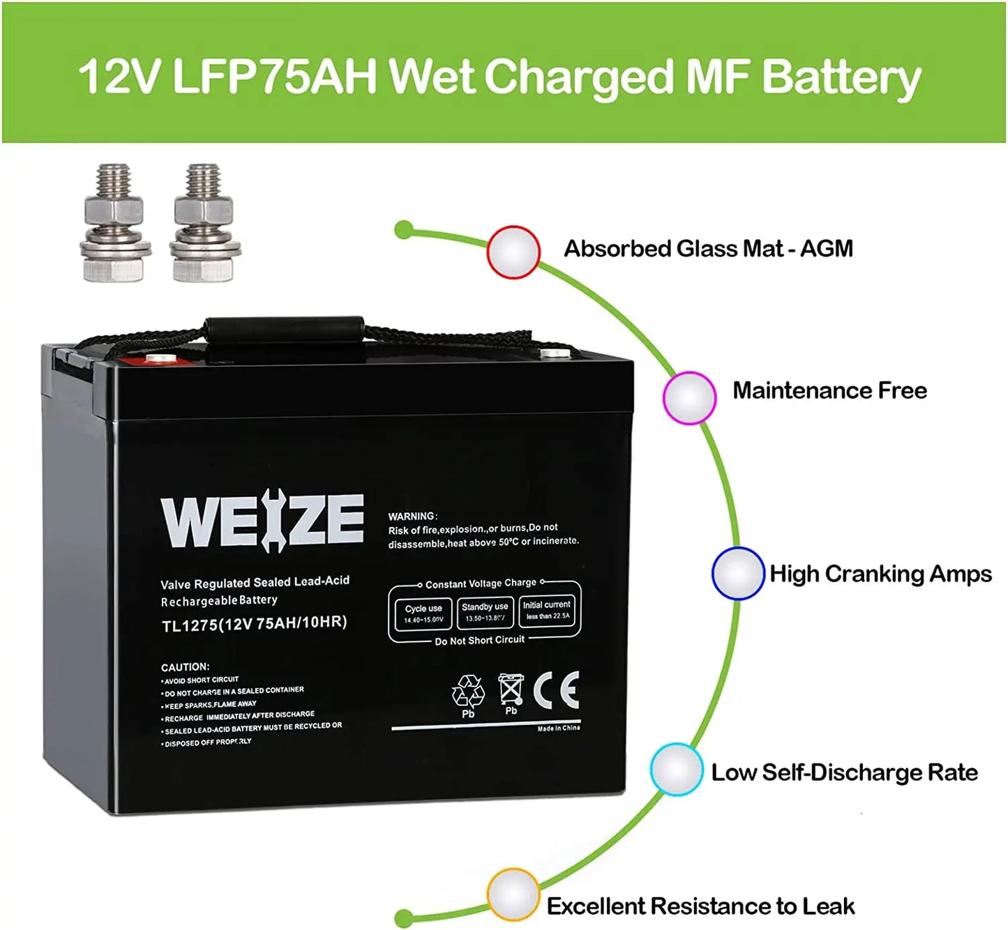 WEIZE 12V 75Ah SLA Deep Cycle AGM Battery