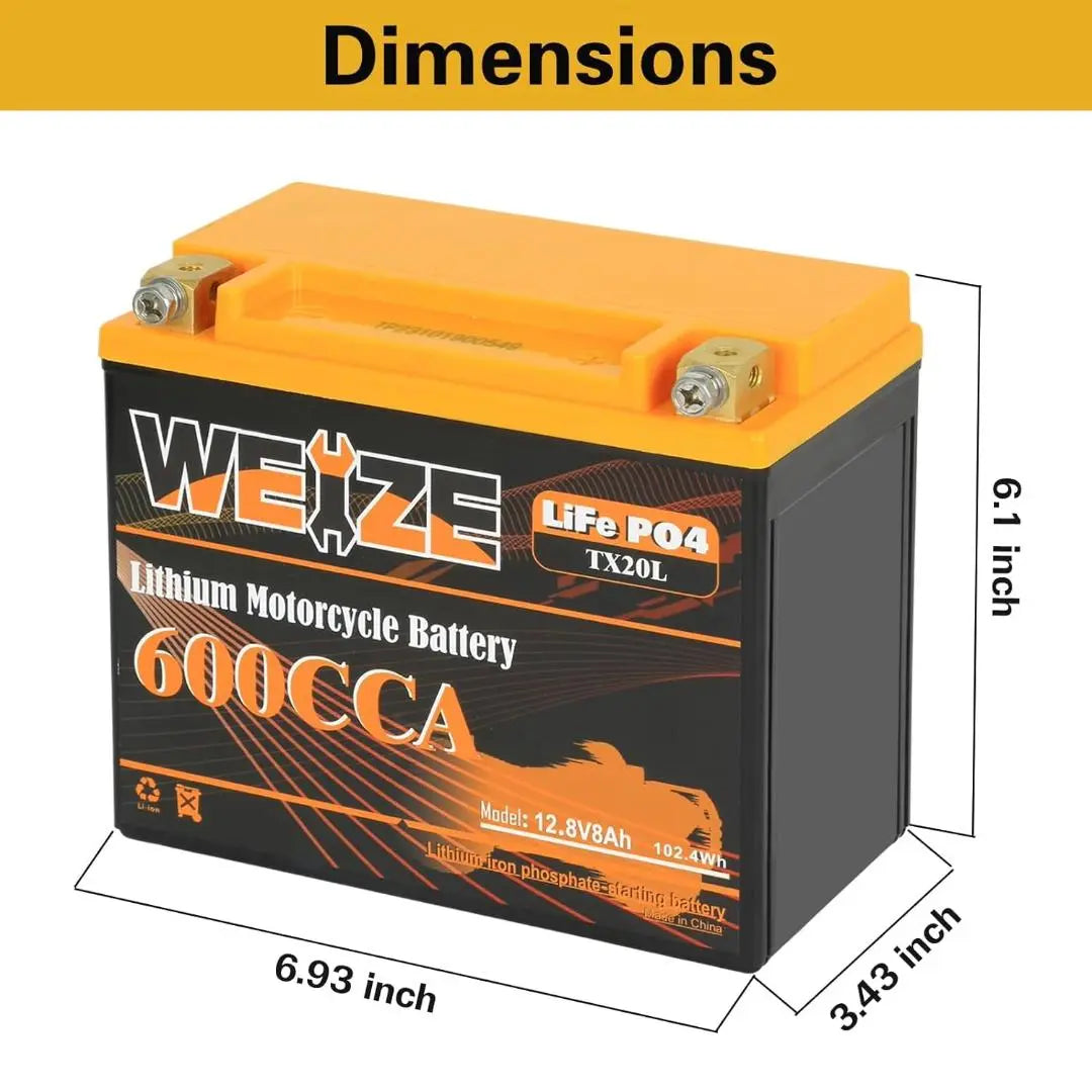 WEIZE 12V 8AH Group 20, 600CCA LiFePO4 Lithium Motorcycle Battery