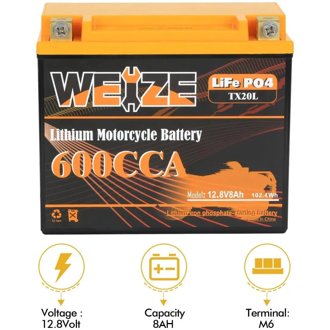 WEIZE 12V 8AH Group 20, 600CCA LiFePO4 Lithium Motorcycle Battery