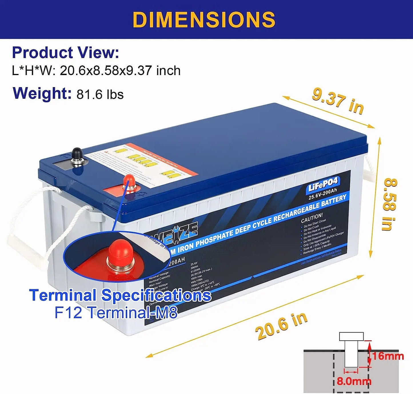 WEIZE 24V 200Ah 5120Wh LiFePO4 Lithium Battery