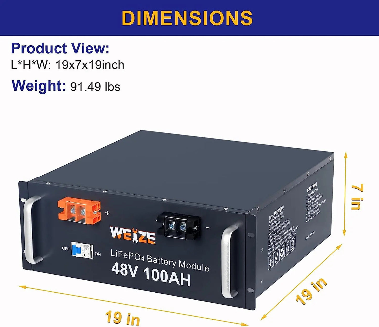 WEIZE 48V 100Ah 4800Wh LiFePO4 Lithium Battery, Deep Cycle Battery for RV, Solar System, Marine, and Off Grid Applications