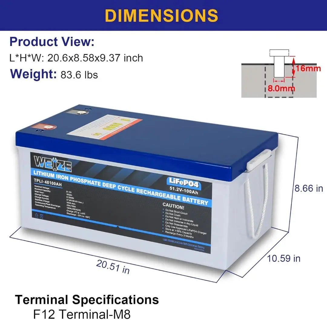 WEIZE 48V(51.2V) 100Ah 5120Wh LiFePO4 Lithium Battery