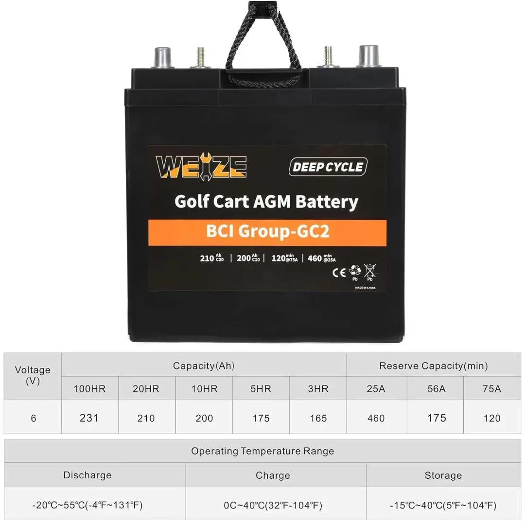 WEIZE 6V 210Ah BCI Group GC2 AGM Golf Cart Battery