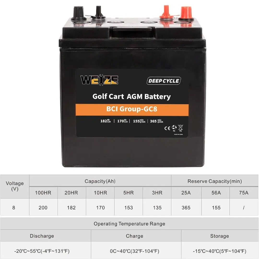 WEIZE 8V 182AH BCI Group GC8 AGM Golf Cart Battery