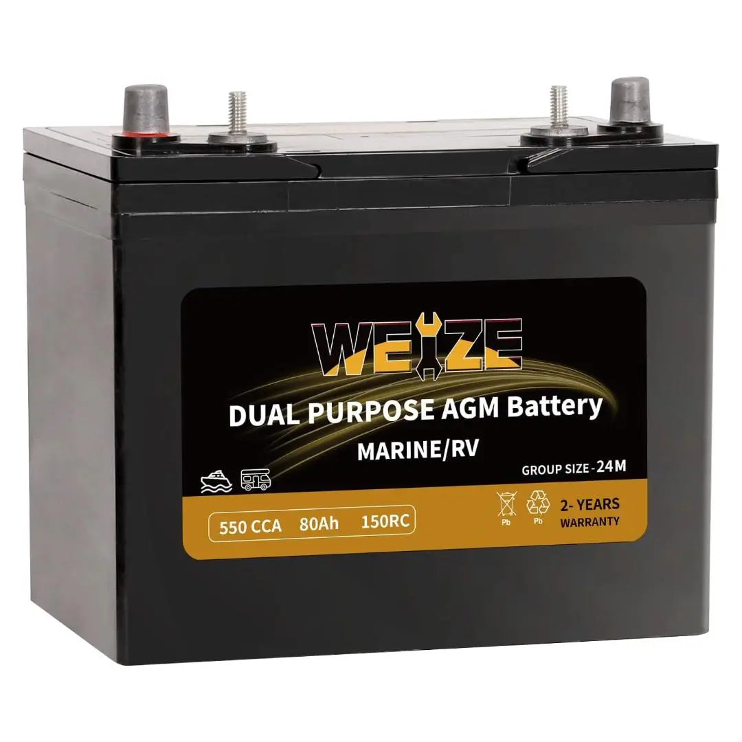 WEIZE BCI Group 24M 12V 80AH Dual Purpose AGM Battery, Starter & Deep Cycle, Marine & RV Battery