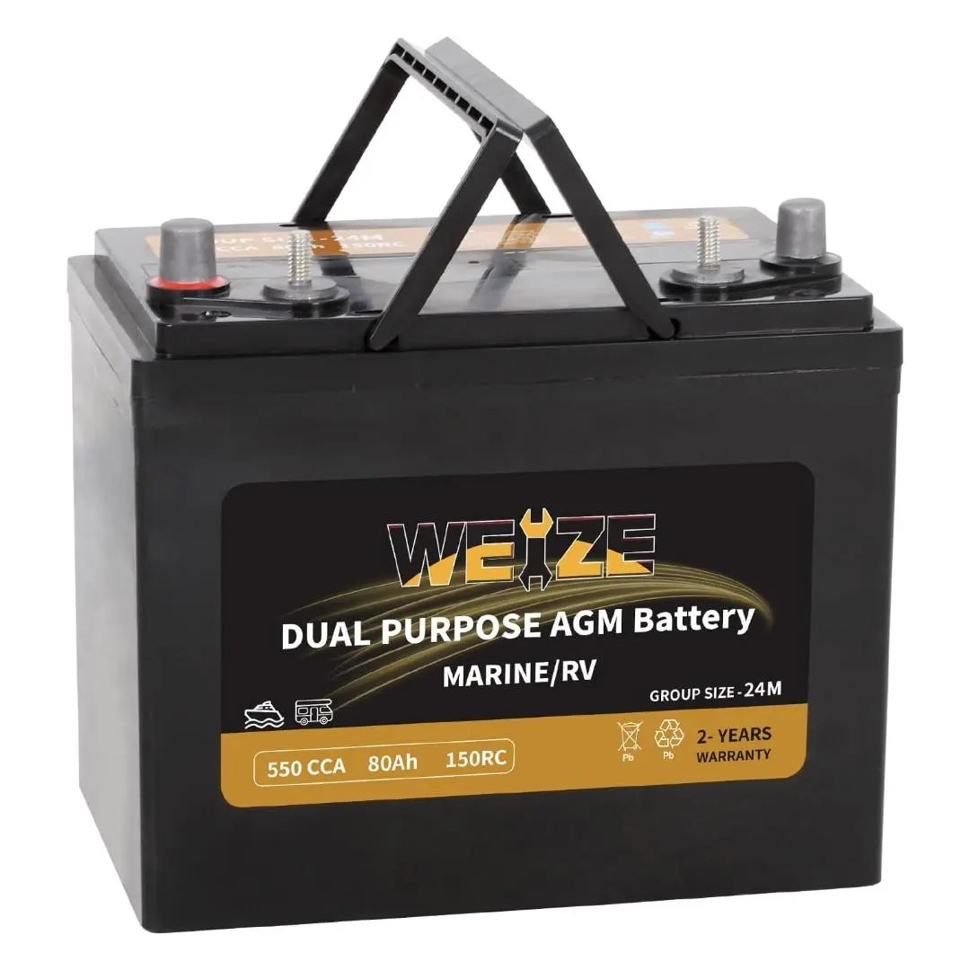 WEIZE BCI Group 24M 12V 80AH Dual Purpose AGM Battery, Starter & Deep Cycle, Marine & RV Battery