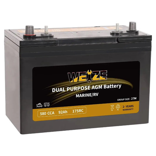 WEIZE BCI Group 27M 12V 92AH Dual Purpose AGM Battery, Starter & Deep Cycle, Marine & RV Battery