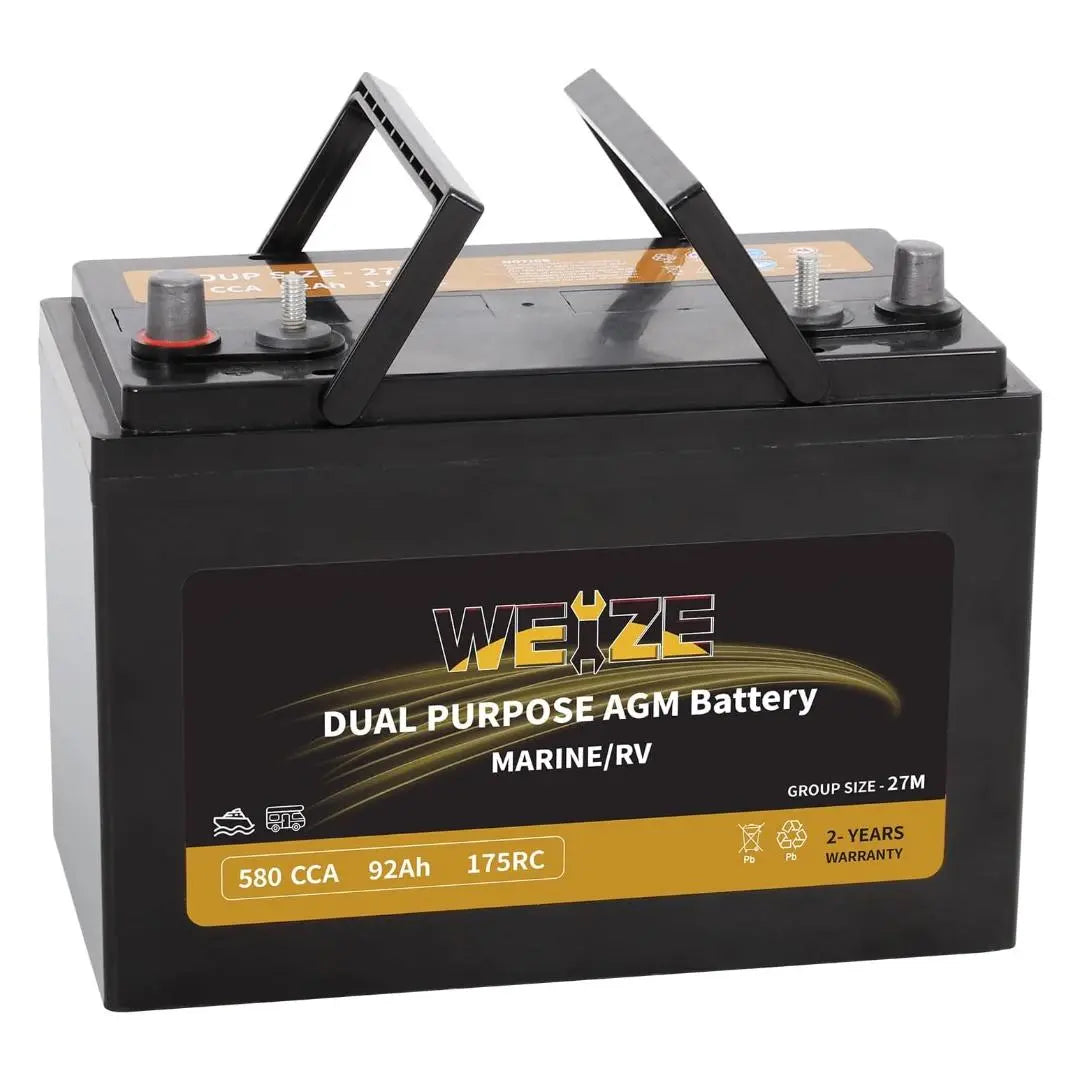 WEIZE BCI Group 27M 12V 92AH Dual Purpose AGM Battery, Starter & Deep Cycle, Marine & RV Battery