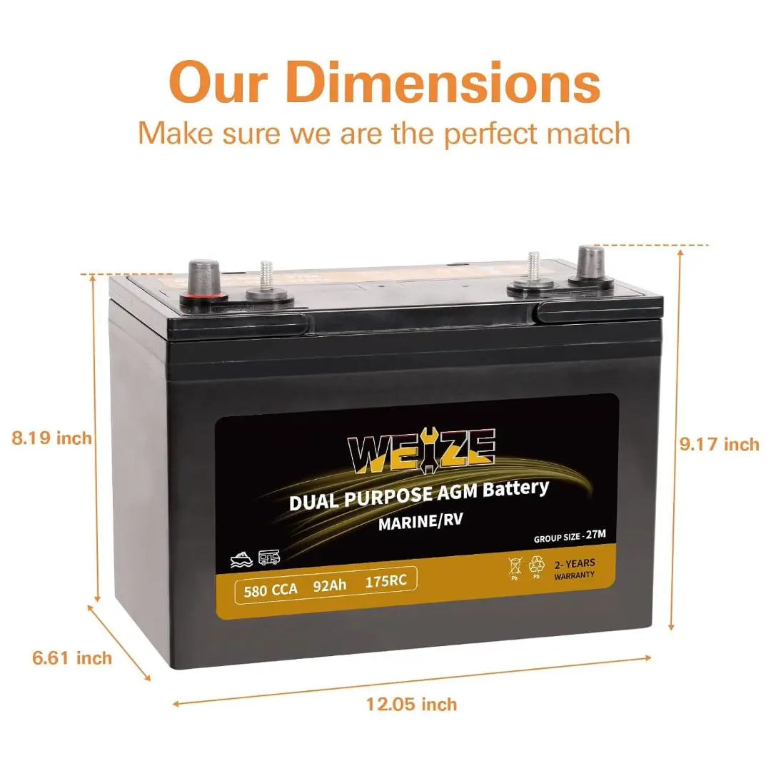 WEIZE BCI Group 27M 12V 92AH Dual Purpose AGM Battery, Starter & Deep Cycle, Marine & RV Battery