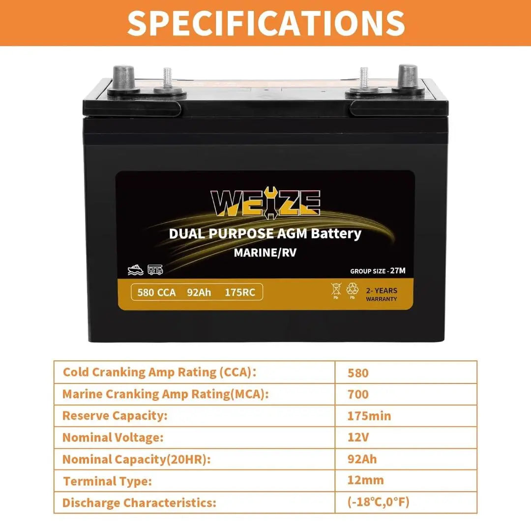 WEIZE BCI Group 27M 12V 92AH Dual Purpose AGM Battery, Starter & Deep Cycle, Marine & RV Battery