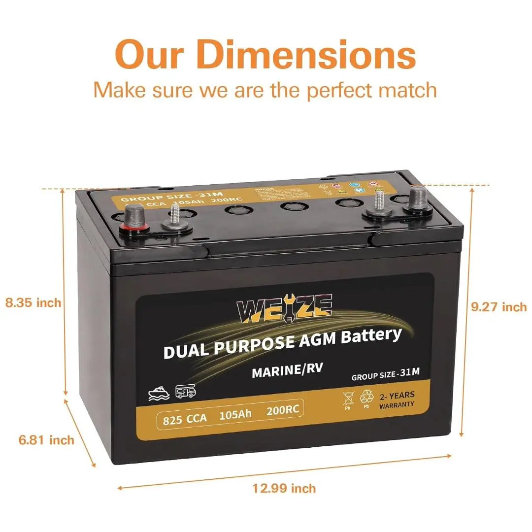 WEIZE BCI Group 31M 12V 105AH Dual Purpose AGM Battery, Starter & Deep Cycle, Marine & RV Battery