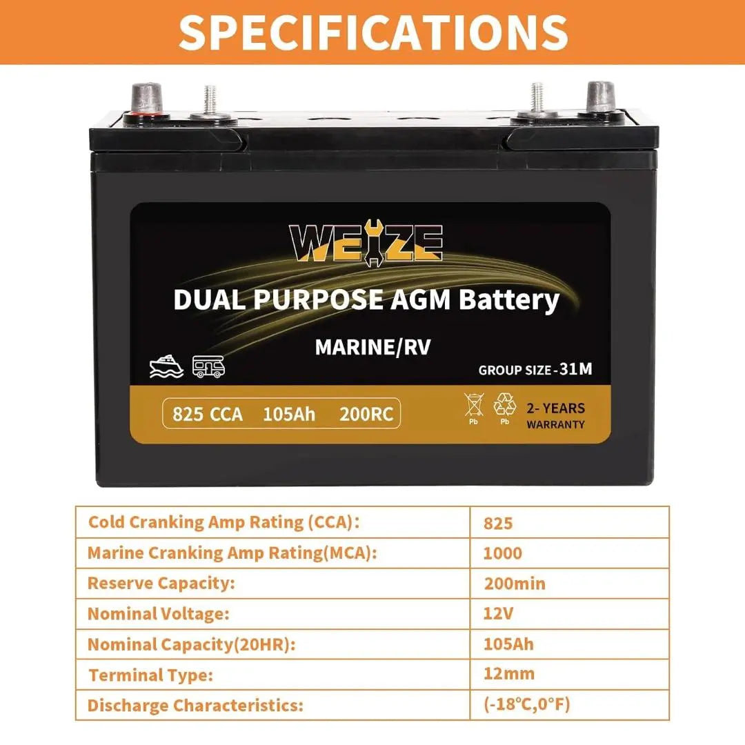 WEIZE BCI Group 31M 12V 105AH Dual Purpose AGM Battery, Starter & Deep Cycle, Marine & RV Battery