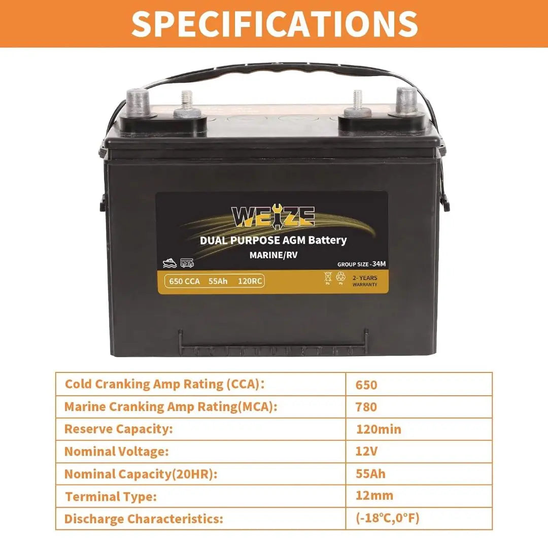 WEIZE BCI Group 34M 12V 55AH Dual Purpose AGM Battery, Starter & Deep Cycle, Marine & RV Battery