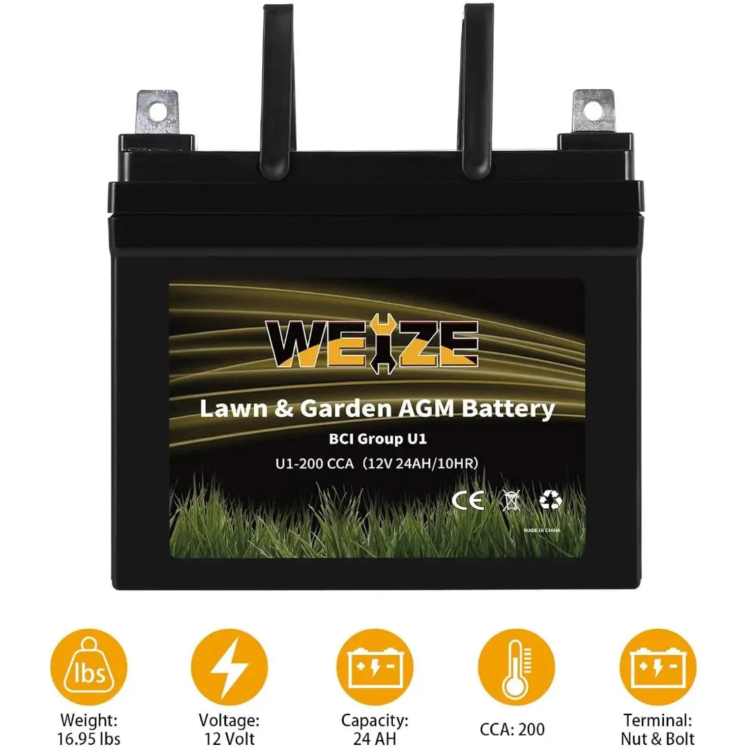 WEIZE AGM Lawn Tractor & Mower Battery, 12V 200CCA BCI Group U1 SLA Starting Battery for Lawn, Tractors and Mowers, Compatible with John Deere, Toro, Cub Cadet, and Craftsman
