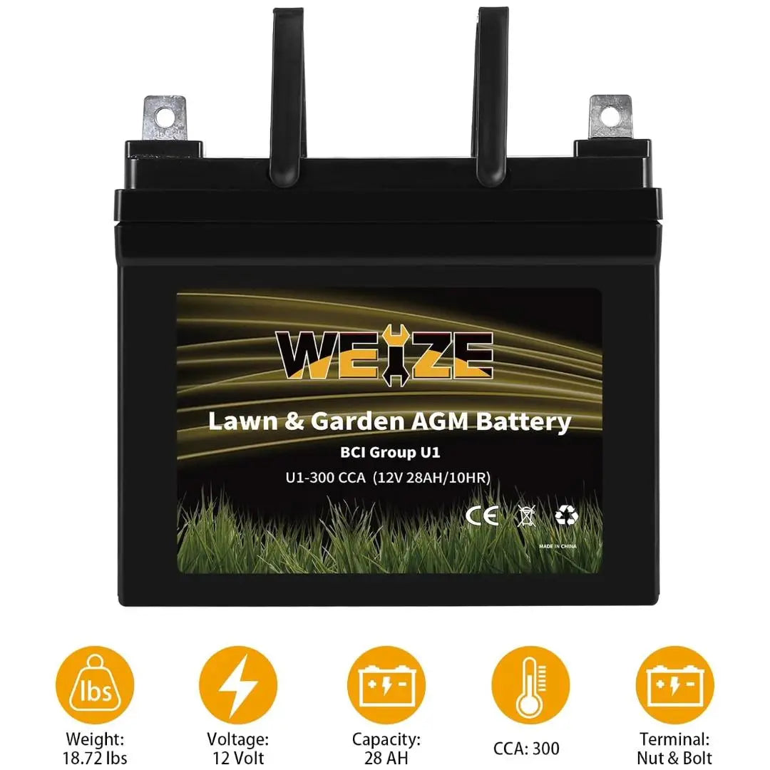 WEIZE AGM Lawn Tractor & Mower Battery, 12V 300CCA BCI Group U1 SLA Starting Battery for Lawn, Tractors and Mowers, Compatible with John Deere, Toro, Cub Cadet, and Craftsman
