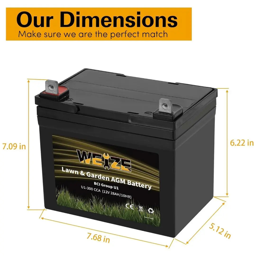 WEIZE AGM Lawn Tractor & Mower Battery, 12V 300CCA BCI Group U1 SLA Starting Battery for Lawn, Tractors and Mowers, Compatible with John Deere, Toro, Cub Cadet, and Craftsman