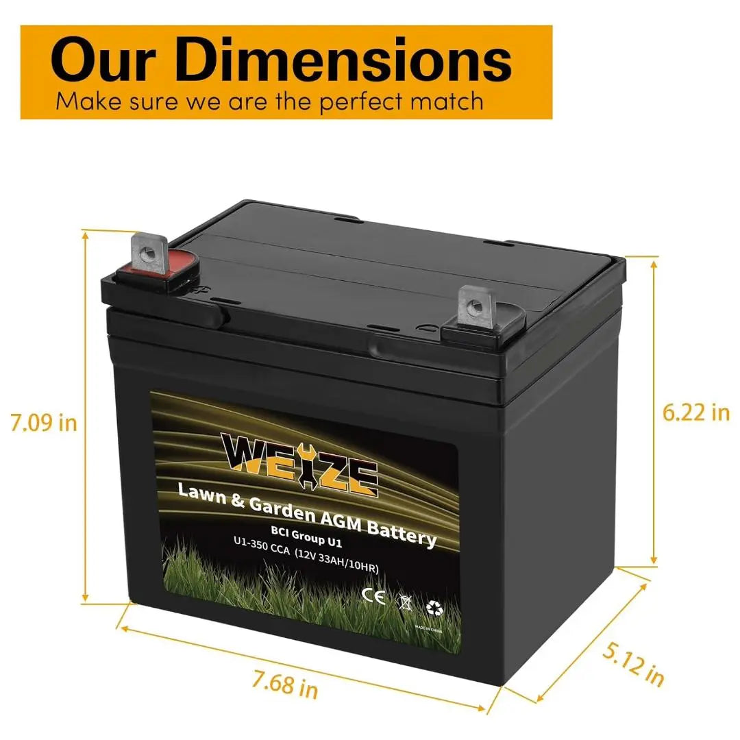 WEIZE AGM Lawn Tractor & Mower Battery, 12V 350CCA BCI Group U1 SLA Starting Battery for Lawn, Tractors and Mowers, Compatible with John Deere, Toro, Cub Cadet, and Craftsman
