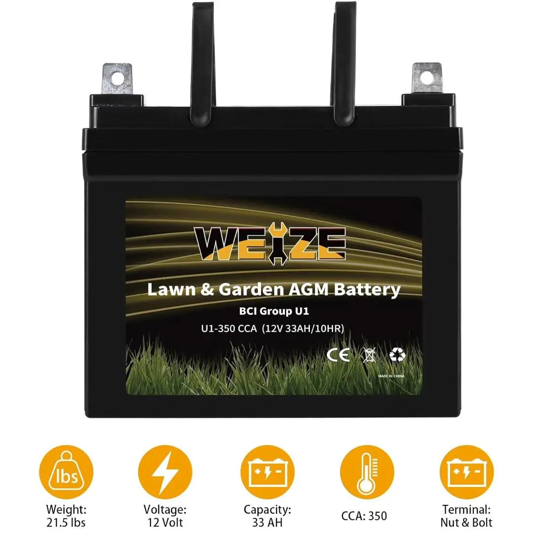 WEIZE AGM Lawn Tractor & Mower Battery, 12V 350CCA BCI Group U1 SLA Starting Battery for Lawn, Tractors and Mowers, Compatible with John Deere, Toro, Cub Cadet, and Craftsman