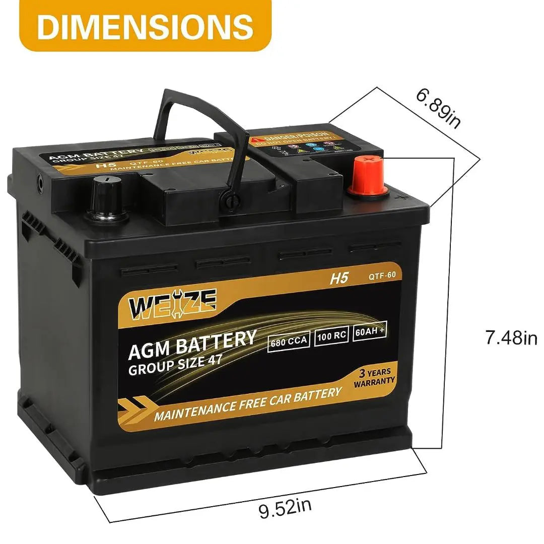 WEIZE Platinum AGM Car Battery BCI Group 47 - 12V 60Ah H5 Automotive Battery