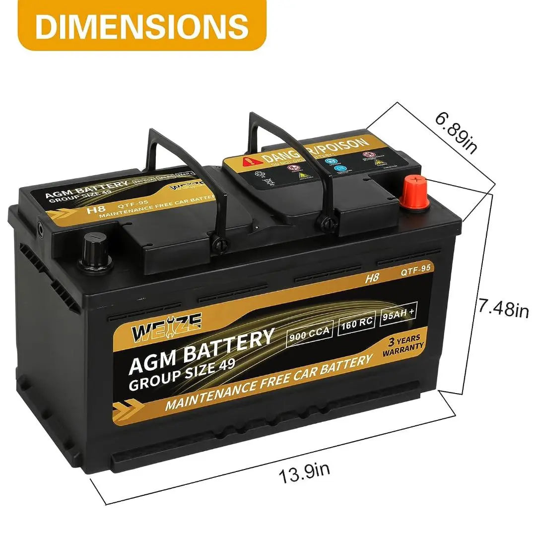 WEIZE Platinum AGM Car Battery BCI Group 49 - 12V 95Ah H8 Automotive Battery