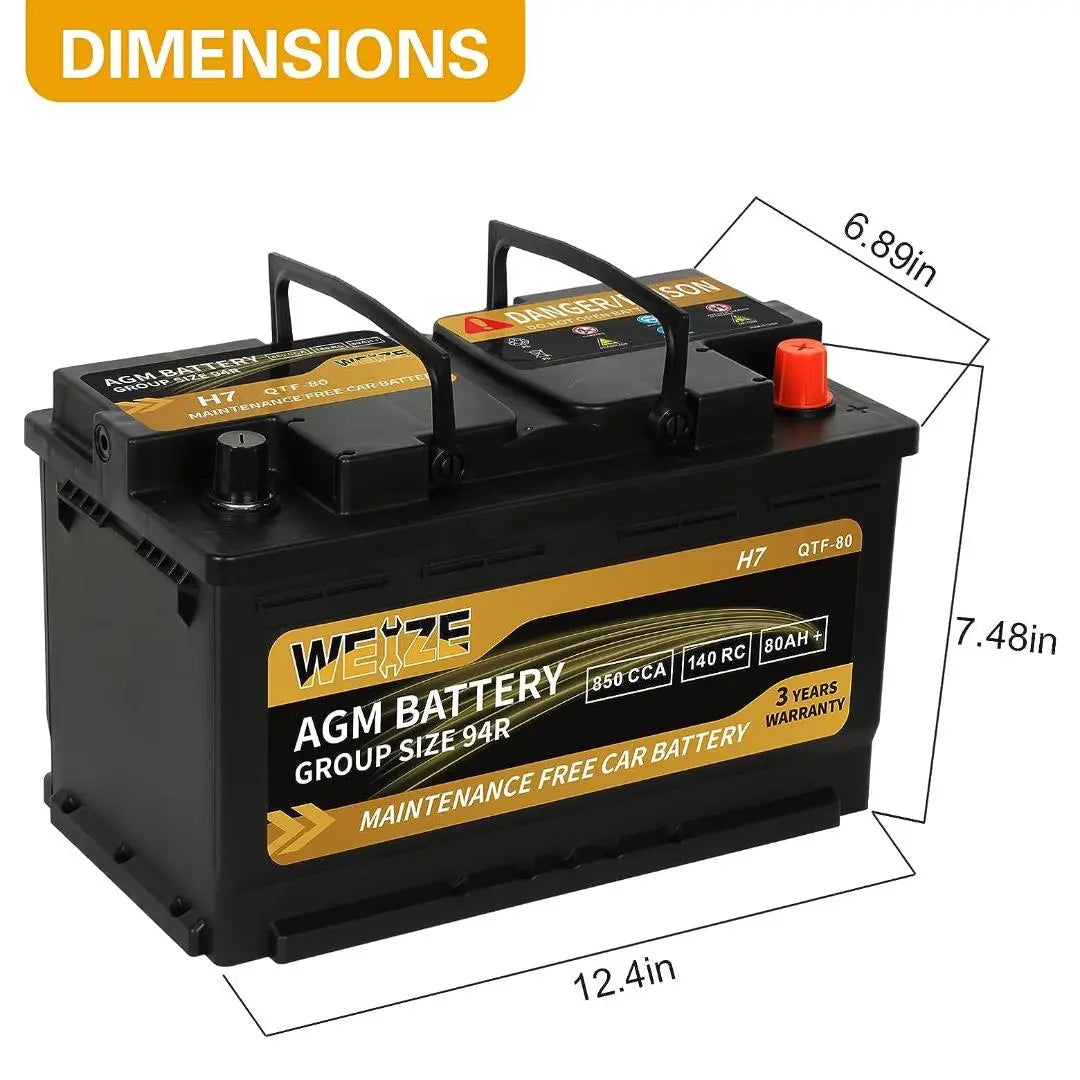 WEIZE Platinum AGM Car Battery BCI Group 94R - 12V 80Ah H7 Automotive Battery