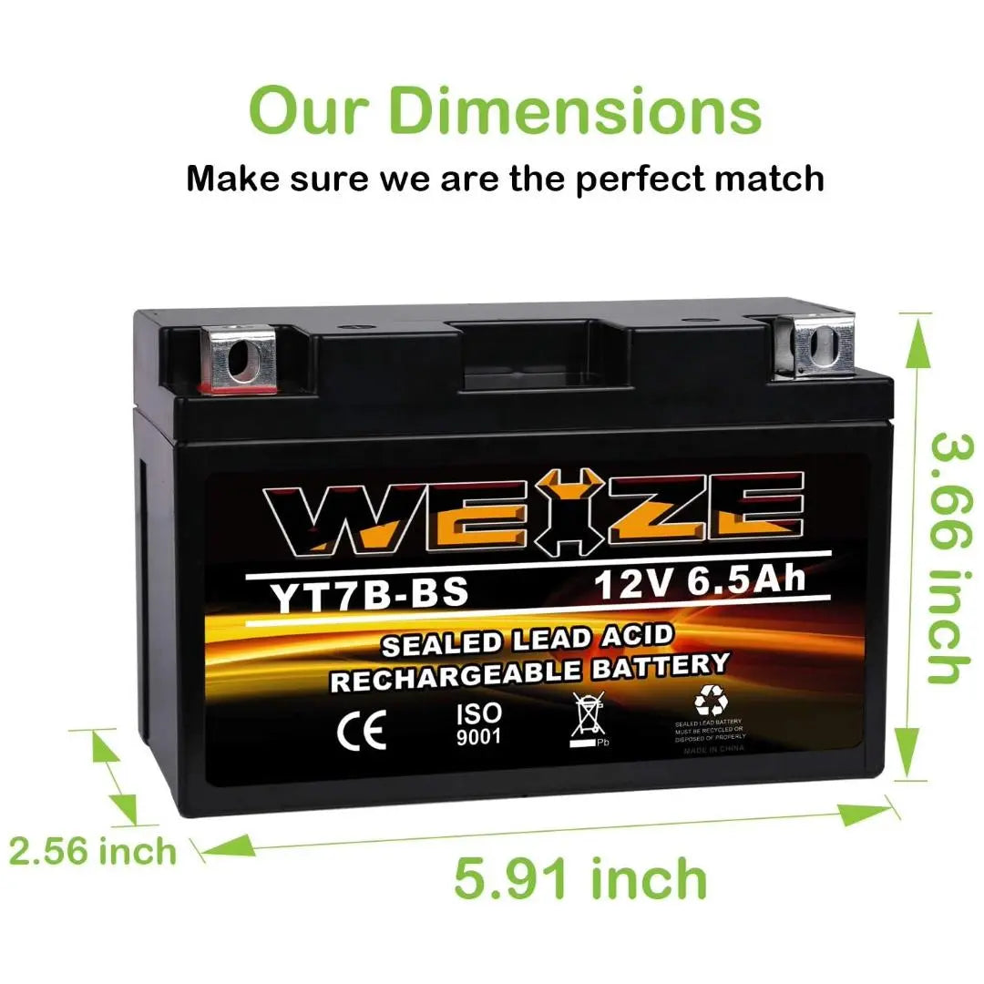 WEIZE YT7B-BS 12V 6.5Ah High Performance - Maintenance Free - Sealed AGM Motorcycle Battery YT7B BS For Yamaha ATV