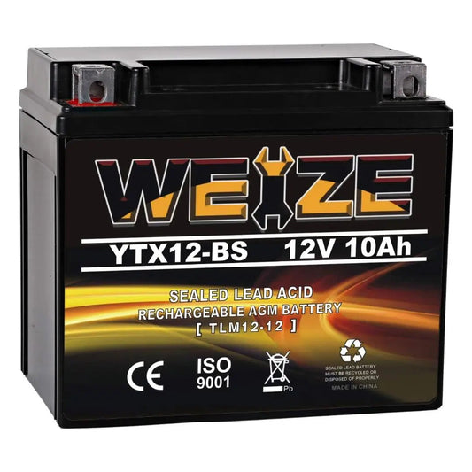 WEIZE YTX12-BS 12V 10Ah Motorcycle Battery High Performance - Maintenance Free - Sealed YTX12 BS AGM Rechargeable ATV Batteries compatible with Honda Kawasaki Suzuki