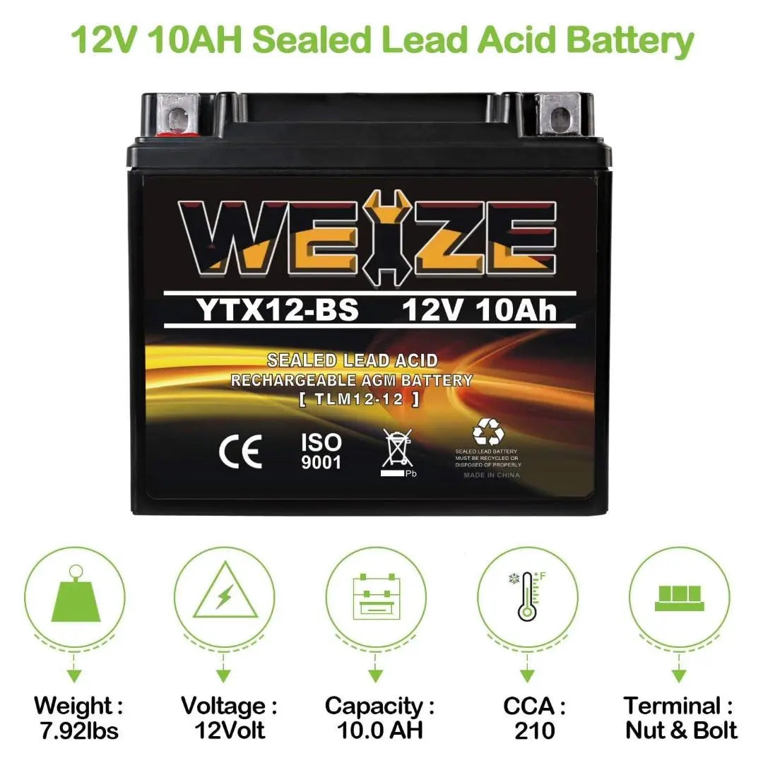 WEIZE YTX12-BS 12V 10Ah Motorcycle Battery High Performance - Maintenance Free - Sealed YTX12 BS AGM Rechargeable ATV Batteries compatible with Honda Kawasaki Suzuki