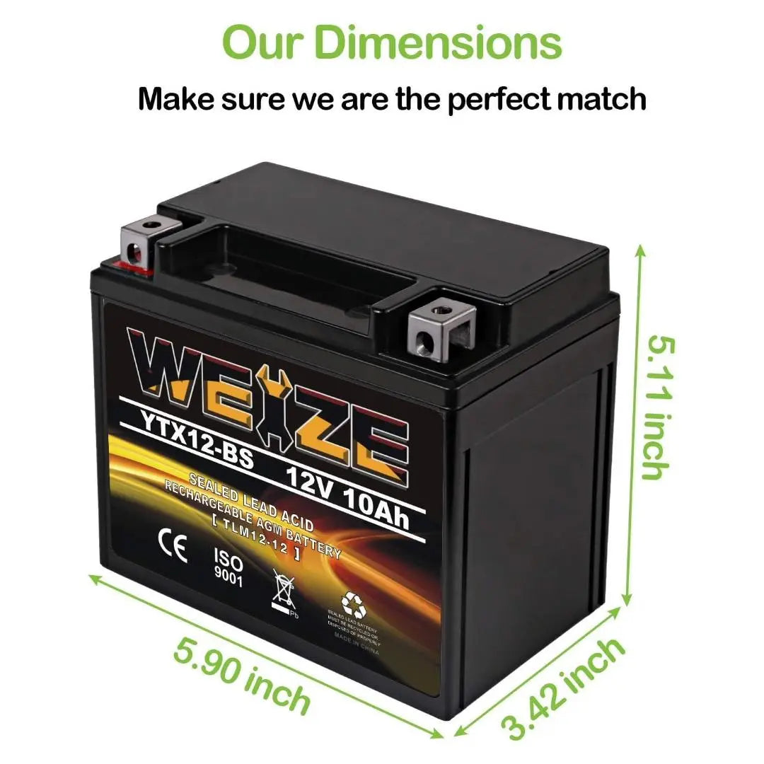 WEIZE YTX12-BS 12V 10Ah Motorcycle Battery High Performance - Maintenance Free - Sealed YTX12 BS AGM Rechargeable ATV Batteries compatible with Honda Kawasaki Suzuki