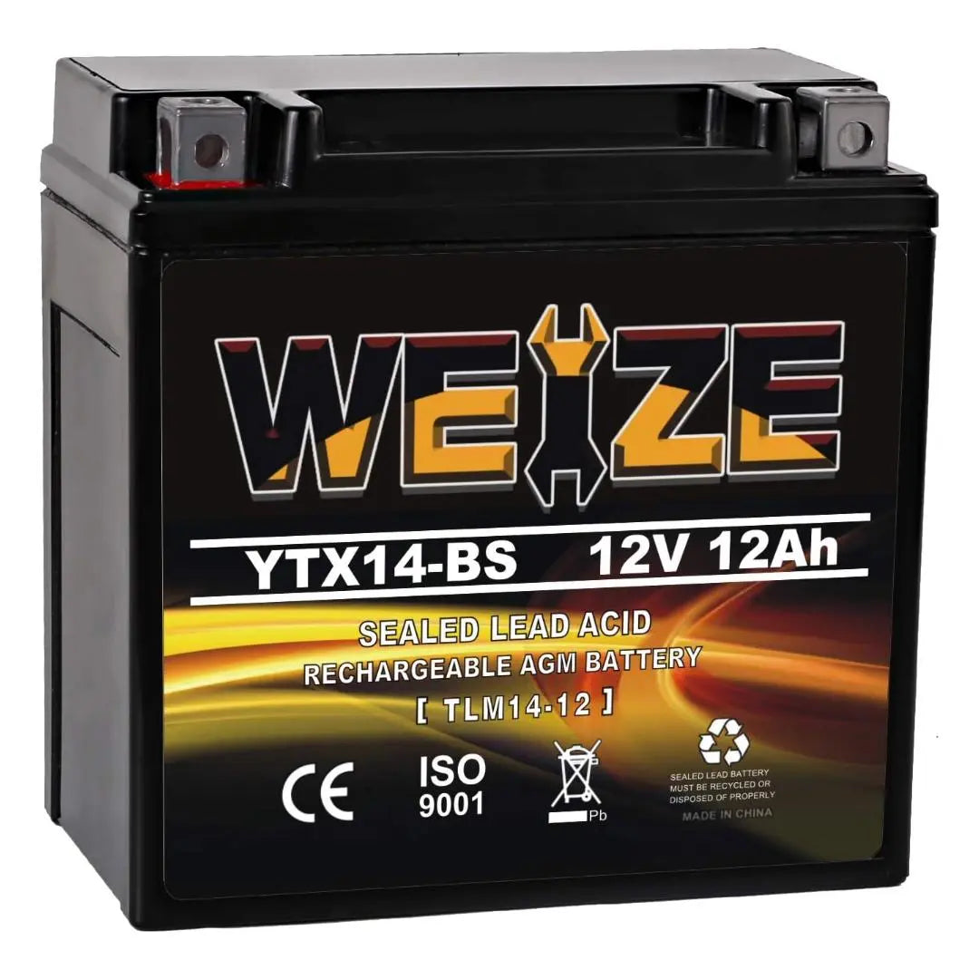 WEIZE YTX14-BS 12V 12Ah ATV Battery High Performance-Maintenance Free-Sealed AGM Motorcycle Battery compatible with Honda Suzuki Kawasaki Yamaha scooter snowmobile