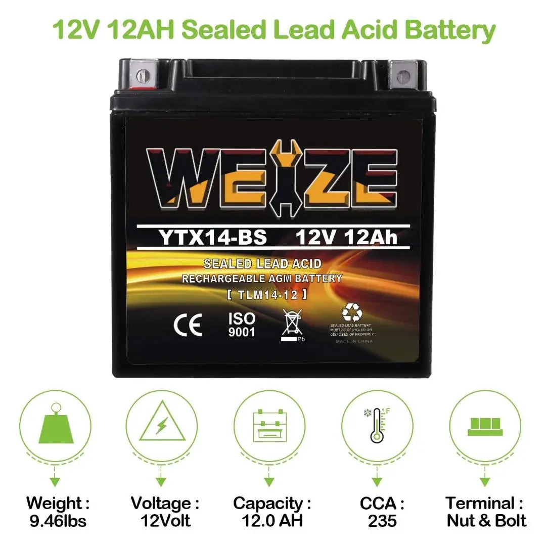 WEIZE YTX14-BS 12V 12Ah ATV Battery High Performance-Maintenance Free-Sealed AGM Motorcycle Battery compatible with Honda Suzuki Kawasaki Yamaha scooter snowmobile