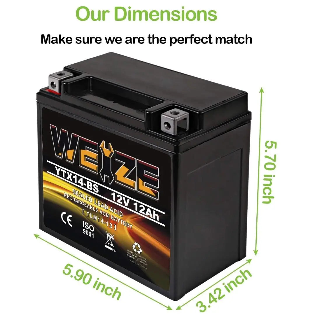 WEIZE YTX14-BS 12V 12Ah ATV Battery High Performance-Maintenance Free-Sealed AGM Motorcycle Battery compatible with Honda Suzuki Kawasaki Yamaha scooter snowmobile