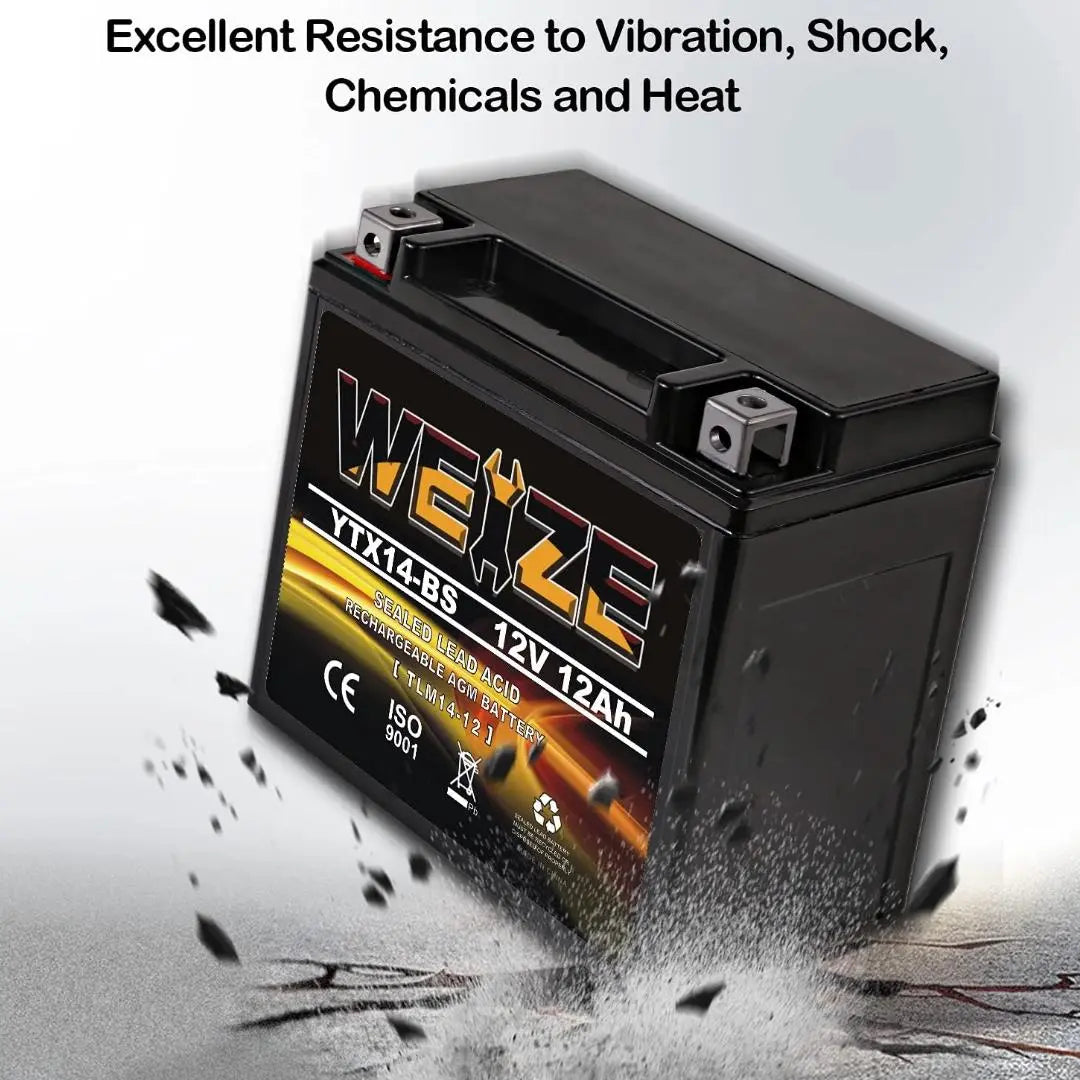 WEIZE YTX14-BS 12V 12Ah ATV Battery High Performance-Maintenance Free-Sealed AGM Motorcycle Battery compatible with Honda Suzuki Kawasaki Yamaha scooter snowmobile