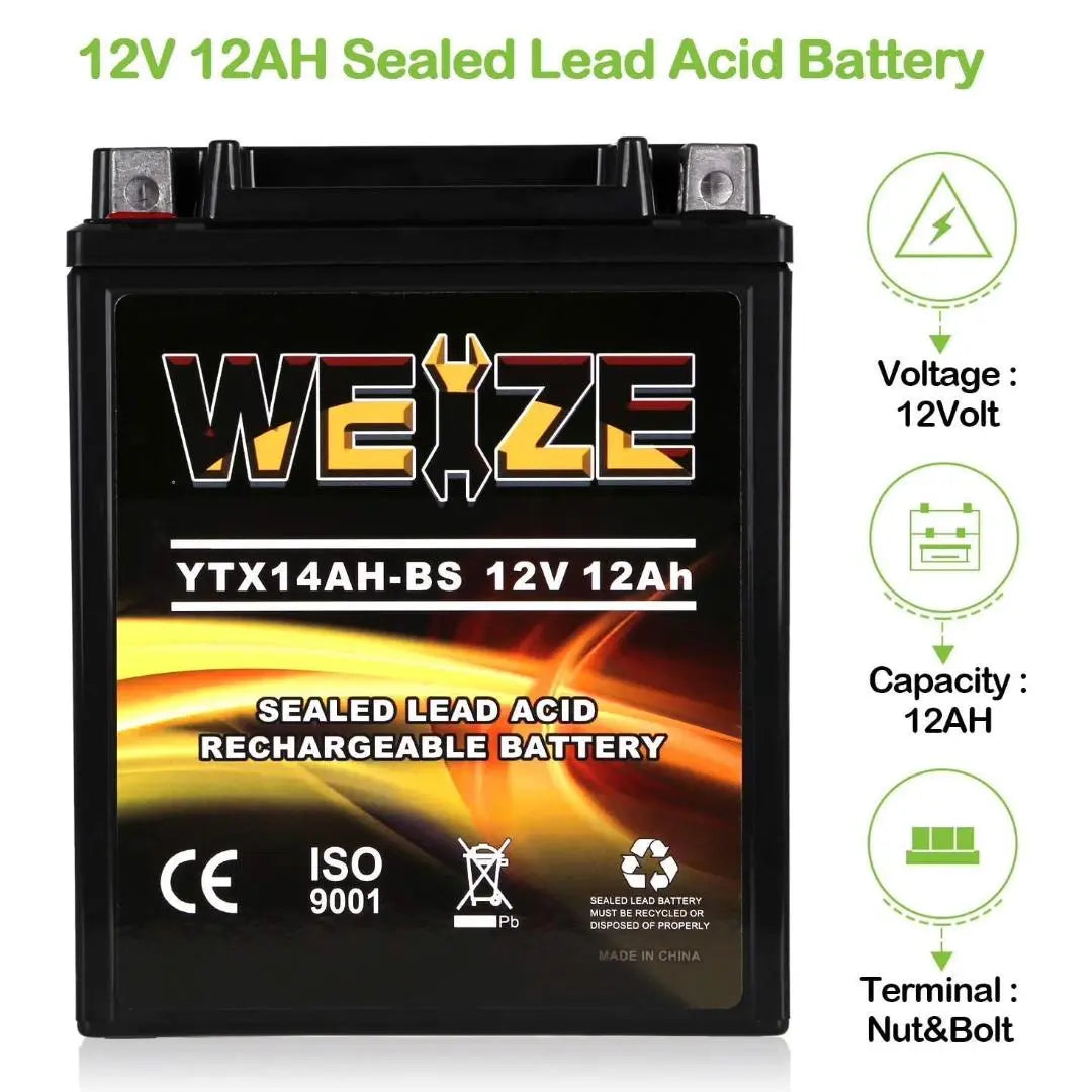 WEIZE YTX14AH-BS 12V 12Ah High Performance-Maintenance Free-Sealed AGM ATV Motorcycle Battery for Polaris Sportsman 570 Trail Blazer 250 Ranger 400 500 Suzuki King Quad 300 QuadRunner 250