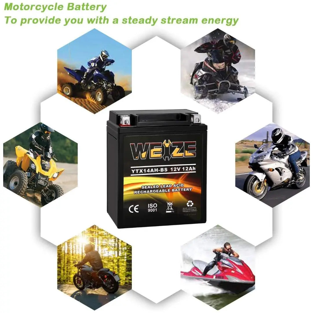 WEIZE YTX14AH-BS 12V 12Ah High Performance-Maintenance Free-Sealed AGM ATV Motorcycle Battery for Polaris Sportsman 570 Trail Blazer 250 Ranger 400 500 Suzuki King Quad 300 QuadRunner 250