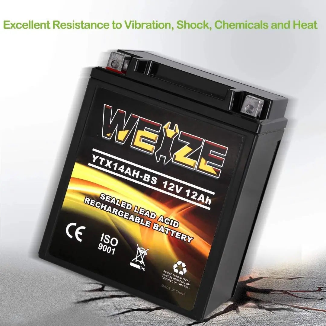 WEIZE YTX14AH-BS 12V 12Ah High Performance-Maintenance Free-Sealed AGM ATV Motorcycle Battery for Polaris Sportsman 570 Trail Blazer 250 Ranger 400 500 Suzuki King Quad 300 QuadRunner 250