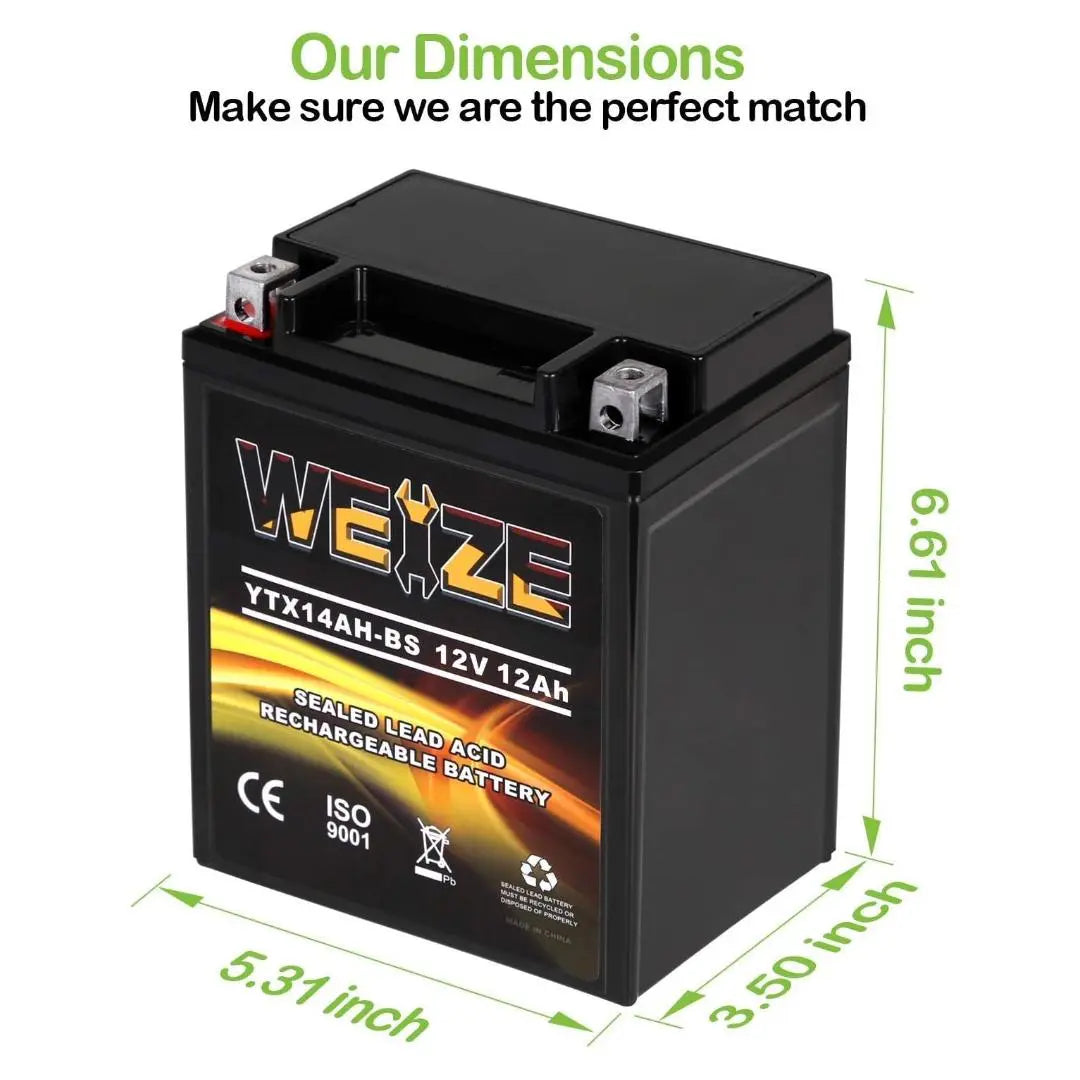 WEIZE YTX14AH-BS 12V 12Ah High Performance-Maintenance Free-Sealed AGM ATV Motorcycle Battery for Polaris Sportsman 570 Trail Blazer 250 Ranger 400 500 Suzuki King Quad 300 QuadRunner 250