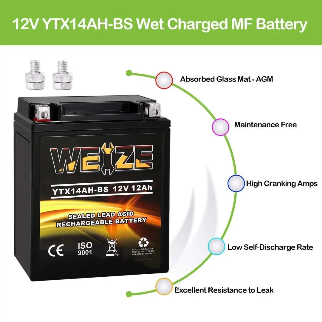 WEIZE YTX14AH-BS 12V 12Ah High Performance-Maintenance Free-Sealed AGM ATV Motorcycle Battery for Polaris Sportsman 570 Trail Blazer 250 Ranger 400 500 Suzuki King Quad 300 QuadRunner 250