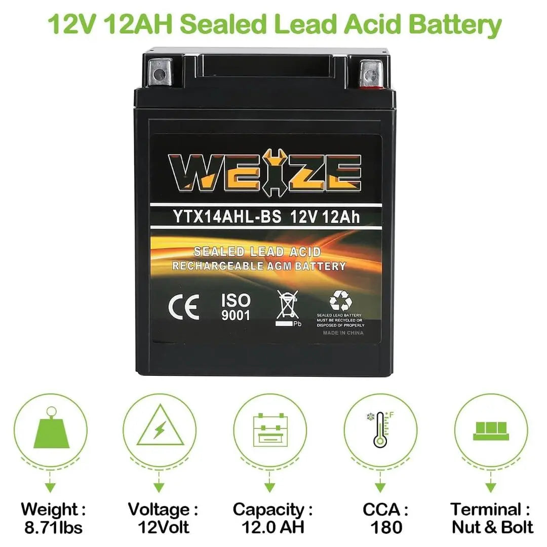 WEIZE YTX14AHL-BS 12V 12Ah High Performance-Rechargeable-Sealed Motorcycle Battery Compatible With Polaris Scrambler, Sportsman 90, Honda Scooters NQ50 Spree,Kawasaki 110 KLX110 Blue