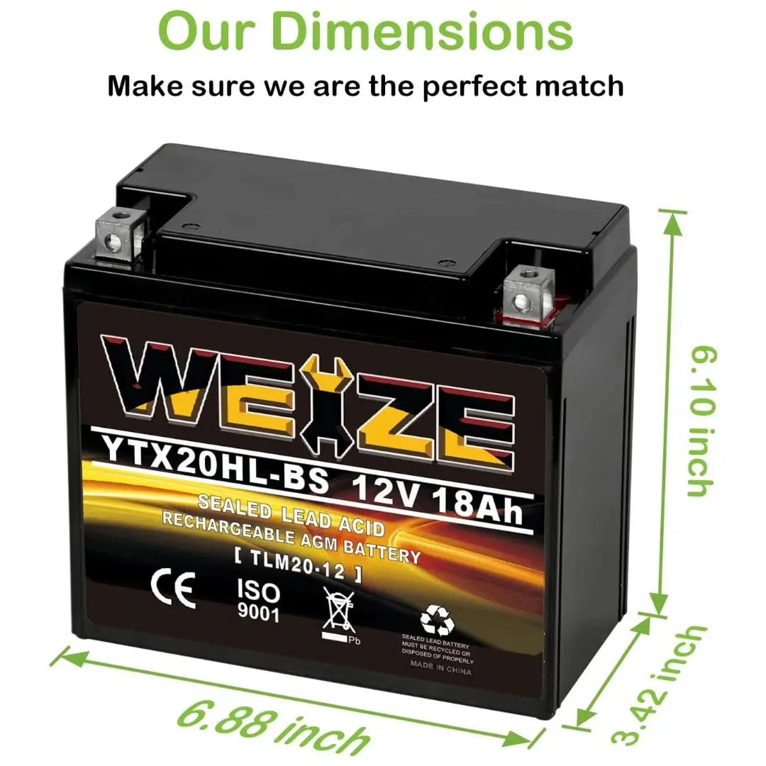 WEIZE YTX20HL-BS 12V 18Ah High Performance-Maintenance Free-Sealed AGM ETX20HL BS Motorcycle Battery