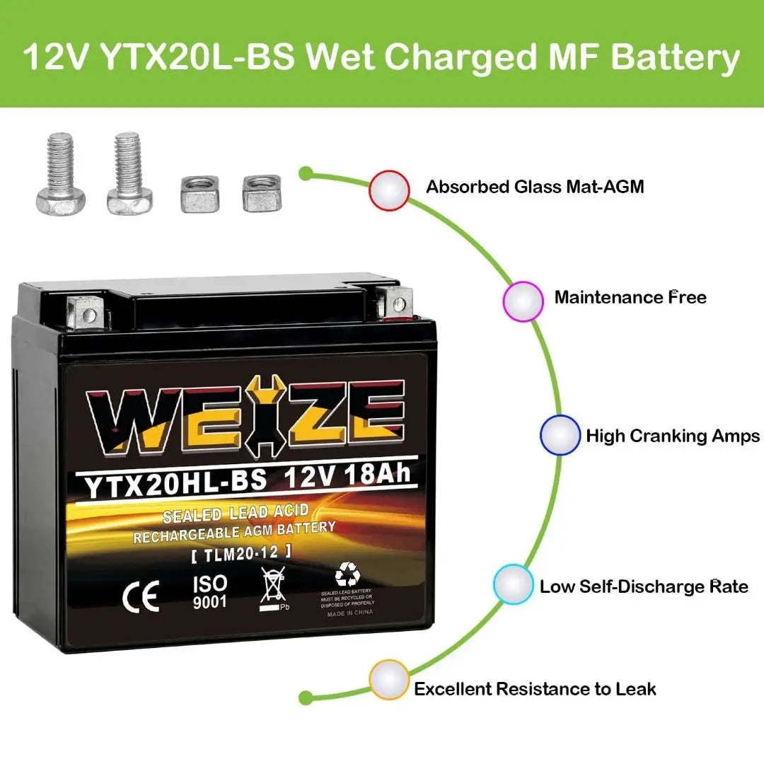 WEIZE YTX20HL-BS 12V 18Ah High Performance-Maintenance Free-Sealed AGM ETX20HL BS Motorcycle Battery