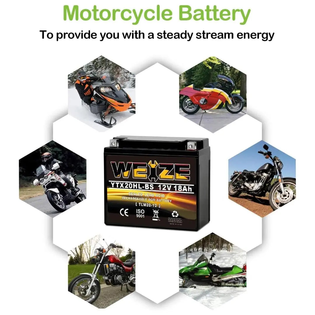 WEIZE YTX20HL-BS 12V 18Ah High Performance-Maintenance Free-Sealed AGM ETX20HL BS Motorcycle Battery